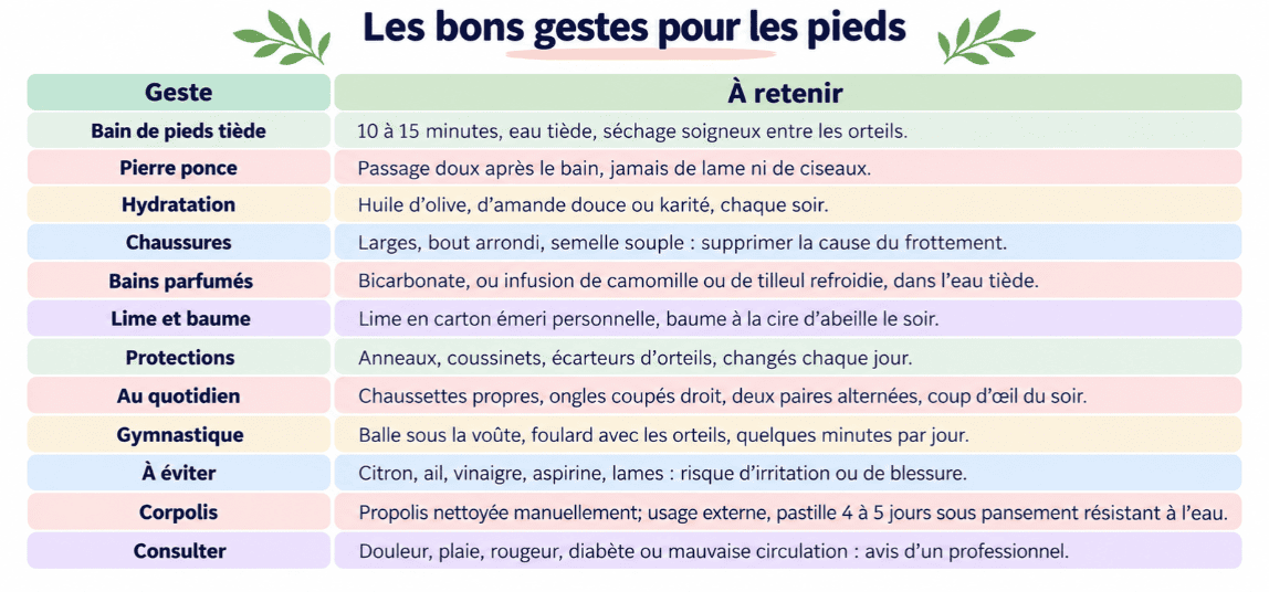 Tableau récapitulatif pour les pieds