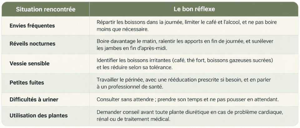 Tableau récapitulatif réflexes en cas d'inconfort urinaire
